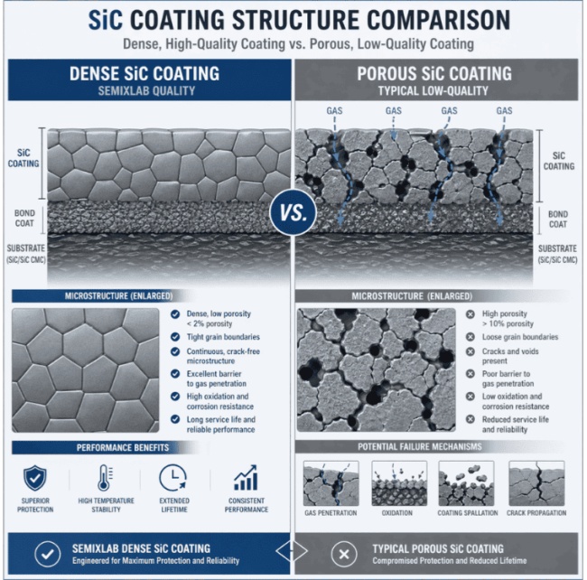 CONFRONTU DI A STRUTTURA DI U RIVESTIMENTU SiC Rivestimentu densu è di alta qualità vs. rivestimentu porosu è di bassa qualità
